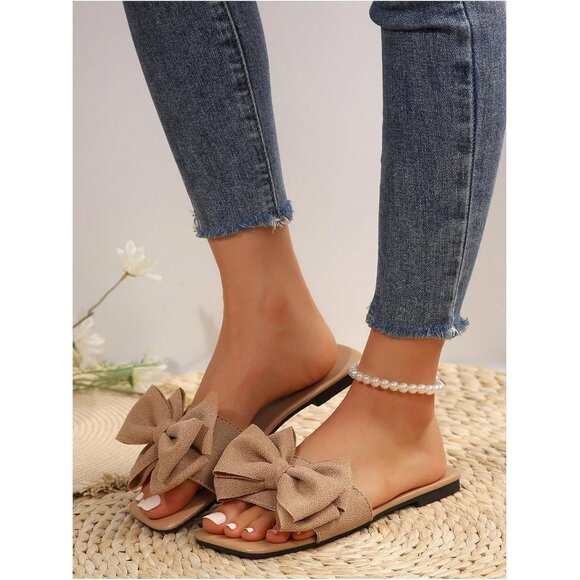 Women's Bow Tan Square Toe Flat Summer Sandals Slides Slip On Shoes - Picture 4 of 7